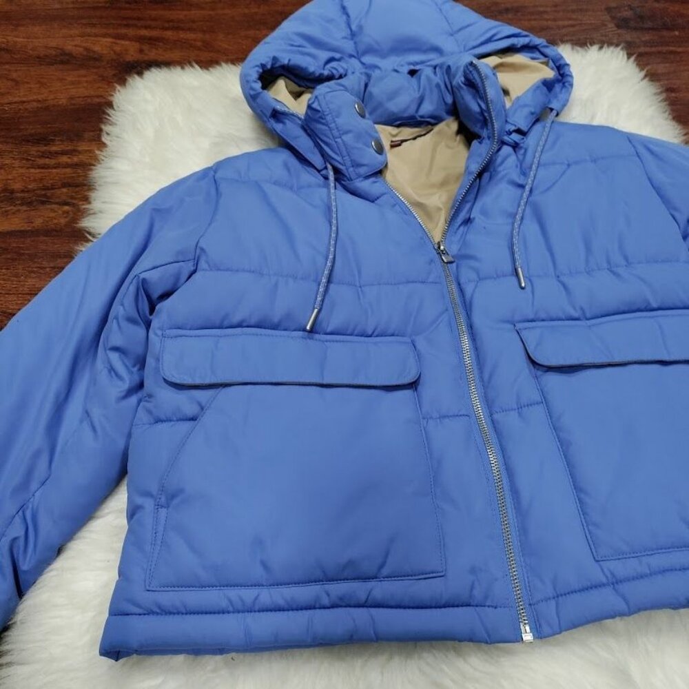 Pilcro Cropped Colorblock Womens Size XS Full Zip Hooded Puffer Jacket Blue - Picture 8 of 13